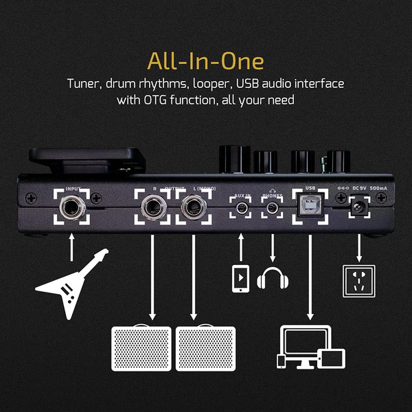 Valeton GP-100 multi effects processor showing input output ports USB interface and connectivity options