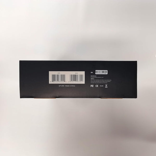 Valeton GP-200 packaging back side with barcode manufacturing details and certification labels