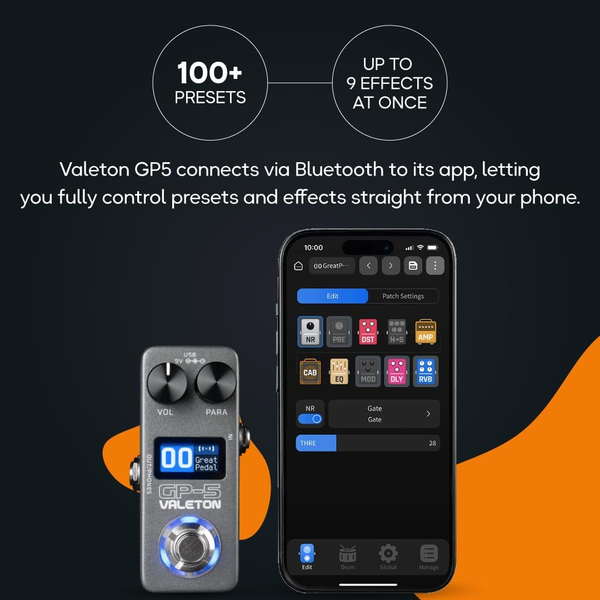 Valeton GP-5 multi effects pedal connected via Bluetooth app for preset and effects control on smartphone