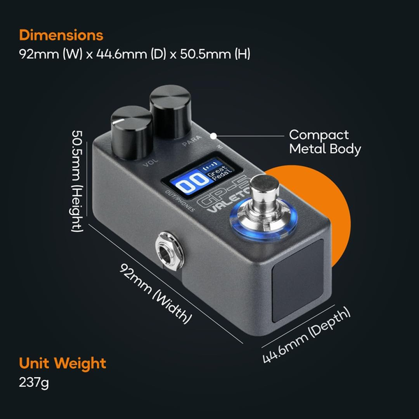 Valeton GP-5 compact multi effects pedal dimensions size and metal body build design