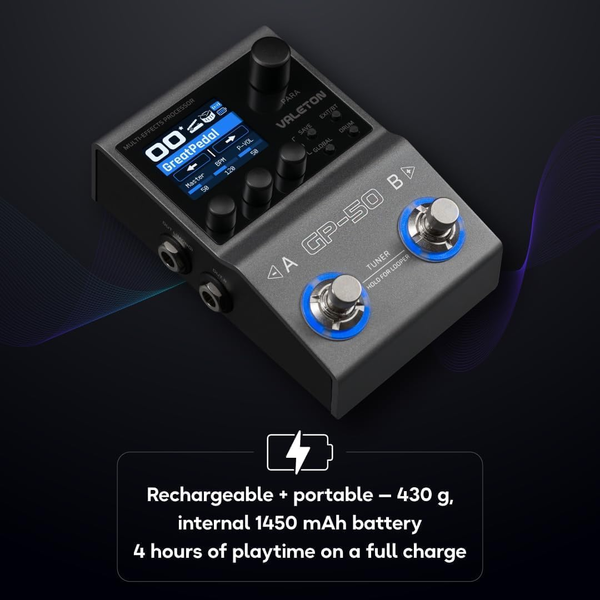 Valeton GP-50 compact multi effects pedal angled view highlighting metal body dual footswitch and control layout