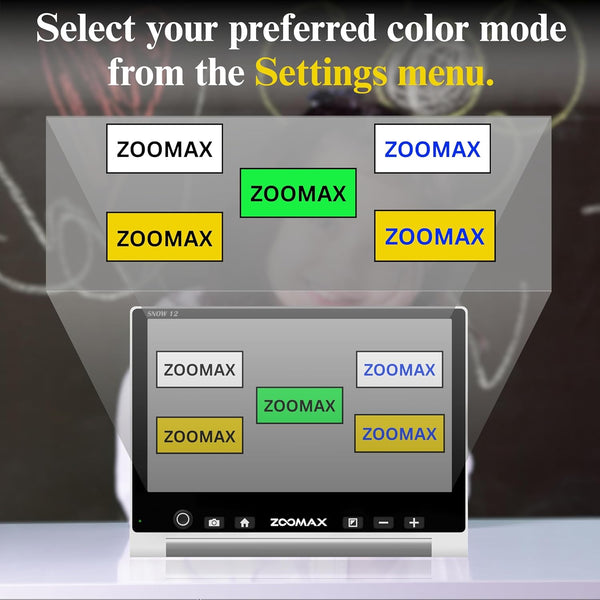 Zoomax Snow 12 video magnifier with multiple color contrast modes for low vision users