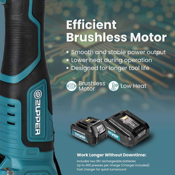 Zupper crimping tool with OLED display showing battery level press count and system alerts
