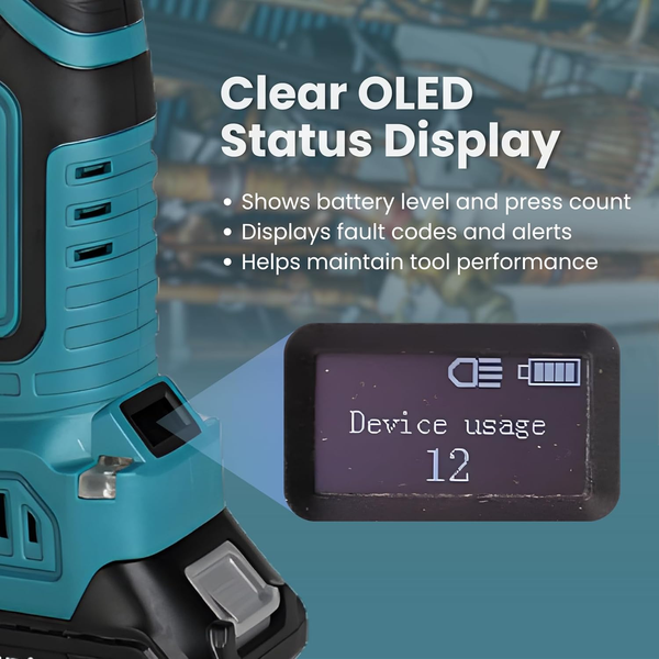Zupper electric crimping tool showing pressing jaw safety lock trigger control OLED display and 18V battery