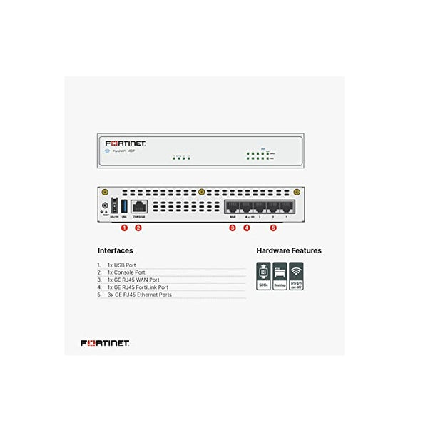 FORTINET FortiGate FG-40F Network Security/Firewall Appliance - 5 Port - 10/100/1000Base-T - Gigabit Ethernet - 5 x RJ-45 - Wall Mountable - TAA Compliant, 1YR UTM Protection (FG-40F-BDL-950-12)