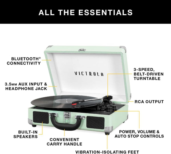 Victrola Bluetooth suitcase turntable open with vinyl playing