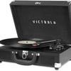 Victrola Bluetooth suitcase turntable open with vinyl playing