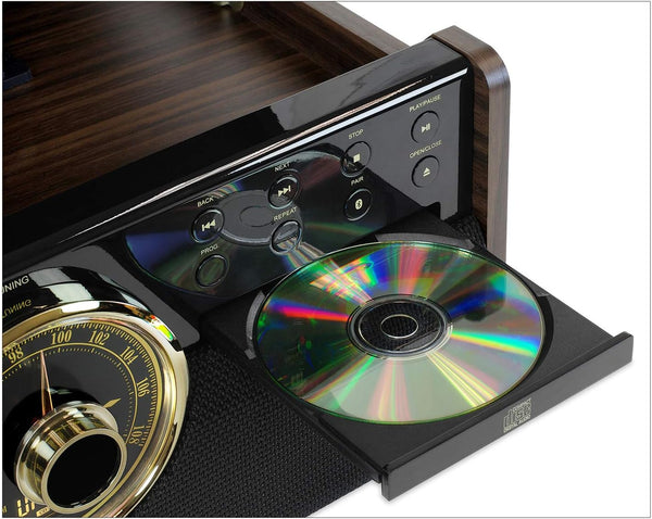 Victrola The Empire Mid-Century 6-in-1 Turntable & Multimedia Center with Built-in Speakers – 3 Speed, Bluetooth Connectivity, Radio, Cassette & CD Player, RCA Out, Headphone Jack (Espresso)