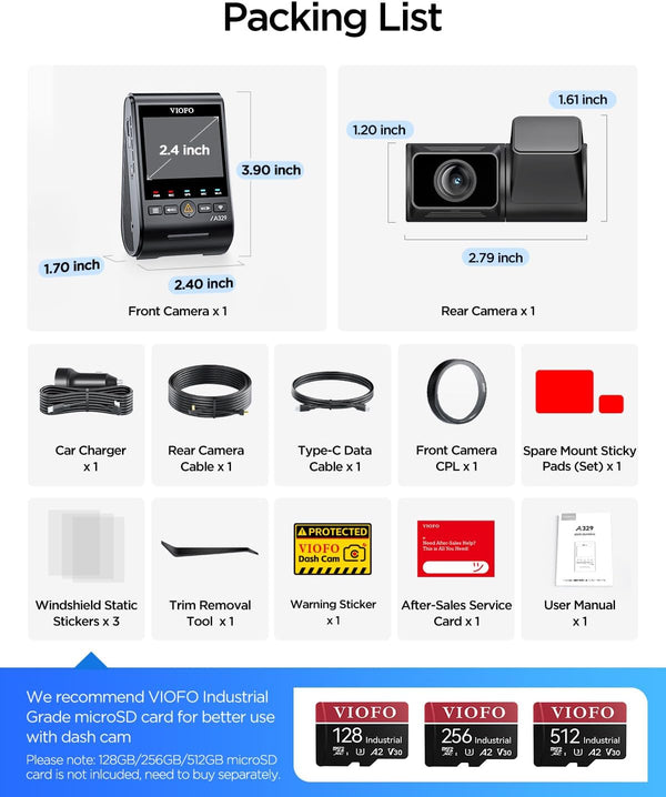 VIOFO A329S 3CH dash cam front cabin rear view