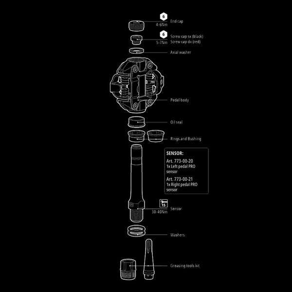 Favero Assioma PRO MX‑UP kit including right power pedal sensor, magnetic charging connectors, and washers