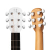 The neck and headstock of a BLUE LAVA Original 36" acoustic guitar in Walnut/Frost White, with AirFlow Bag, FreeBoost Technology, and Loops App Combo.
