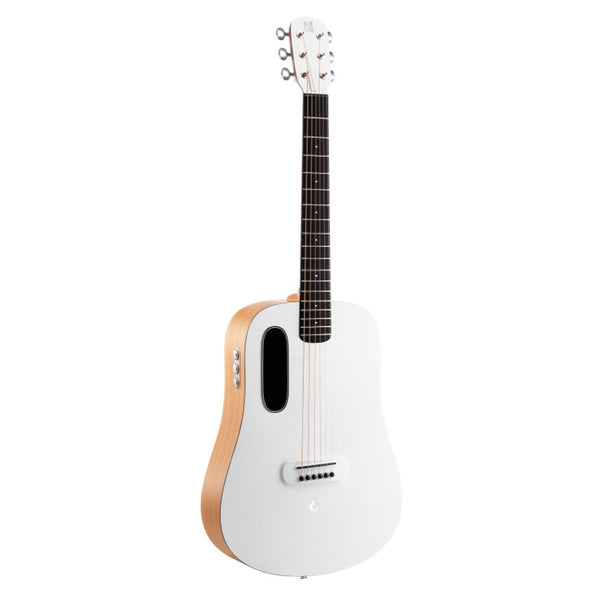 A white acoustic guitar with a wooden body, the BLUE LAVA Original 36" with AirFlow Bag, FreeBoost Technology, and Loops App Combo.