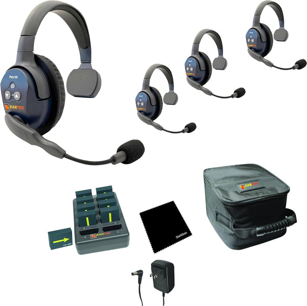 Ultralite ETP4S full duplex wireless intercom system with four single headsets and noise-reducing microphones