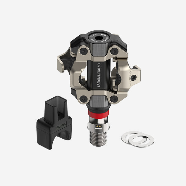 Favero Assioma PRO MX‑UP kit including right power pedal sensor, magnetic charging connectors, and washers