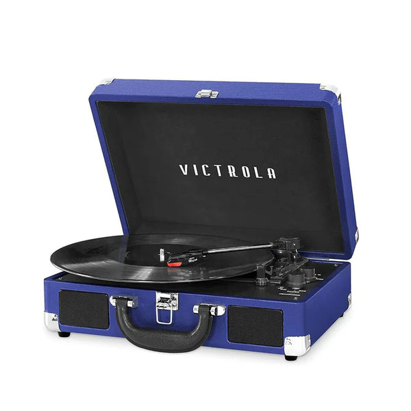 Victrola Bluetooth suitcase turntable open with vinyl playing