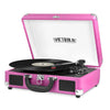 Victrola Bluetooth suitcase turntable open with vinyl playing