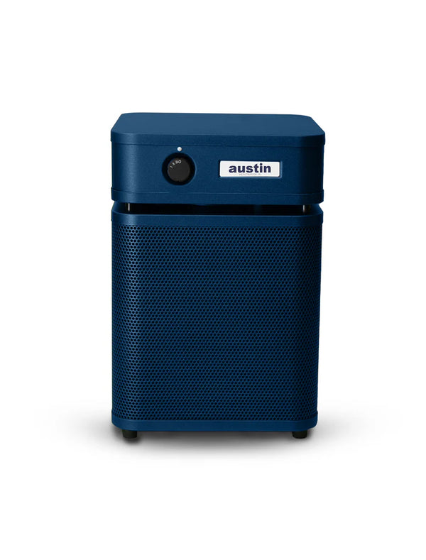 Austin Air HealthMate Junior compact air purifier with 360-degree intake and steel housing.
