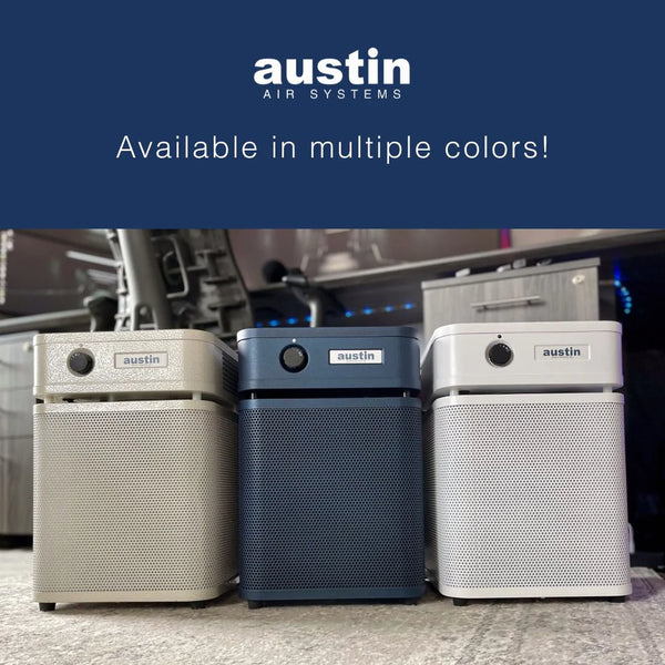 Austin Air HealthMate Junior compact air purifier with 360-degree intake and steel housing.