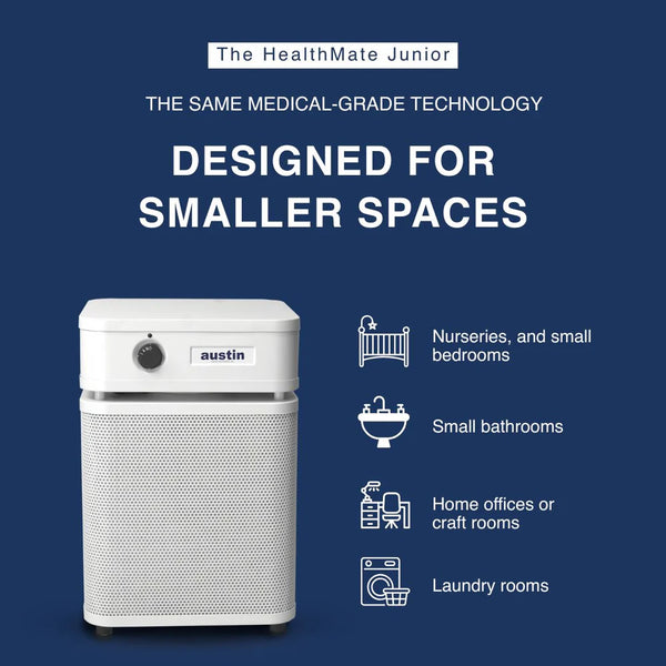 Austin Air HealthMate Junior compact air purifier with 360-degree intake and steel housing.