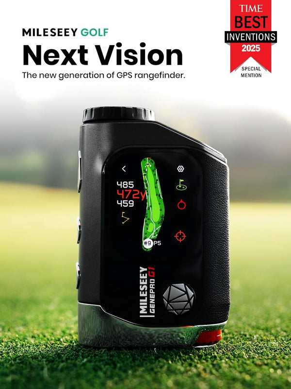 Golfer using the MILESEEY EliteVision touchscreen golf rangefinder on the course to measure distance to the flag.