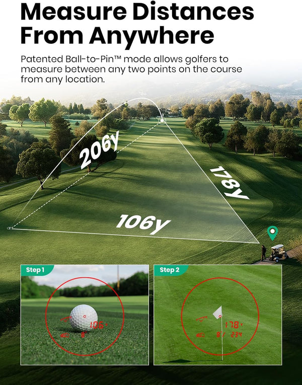 Golfer using the MILESEEY EliteVision touchscreen golf rangefinder on the course to measure distance to the flag.