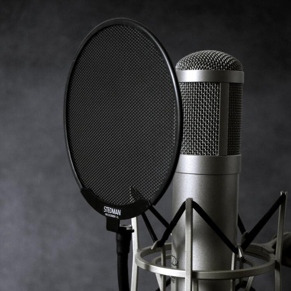 Proscreen XL metal pop filter with adjustable gooseneck attached to microphone stand for studio recording