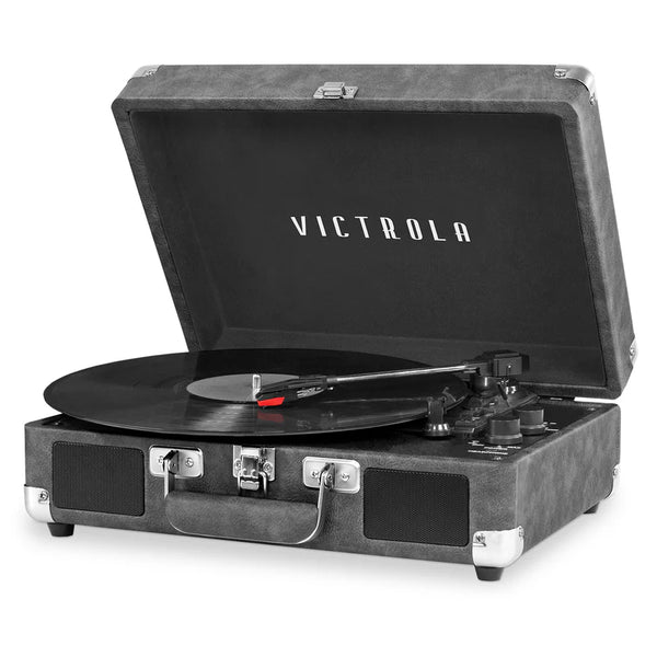 Victrola Bluetooth suitcase turntable open with vinyl playing