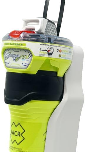 Angled view of ACR GlobalFix V6 EPIRB showing mounting bracket and rugged marine design