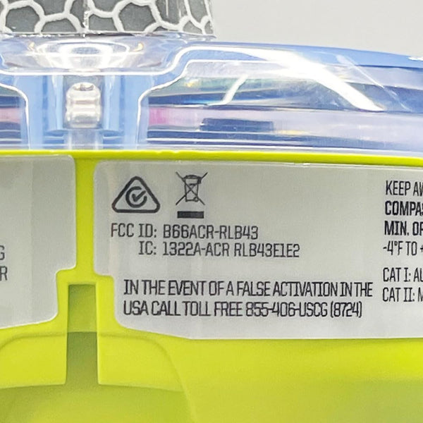Close-up of ACR GlobalFix V6 EPIRB showing FCC ID label and device certification details