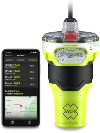 ACR GlobalFix V6 EPIRB connected with mobile app showing GPS self-test and diagnostic results