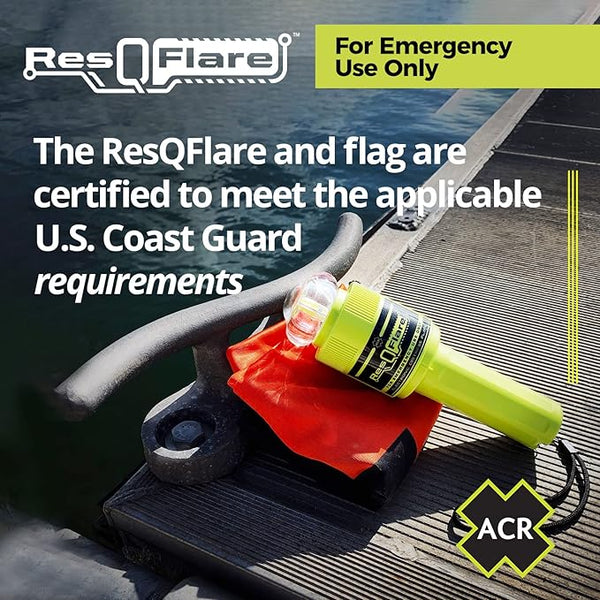 ACR ResQFlare electronic distress flare placed on dock with flag, US Coast Guard compliant marine safety device