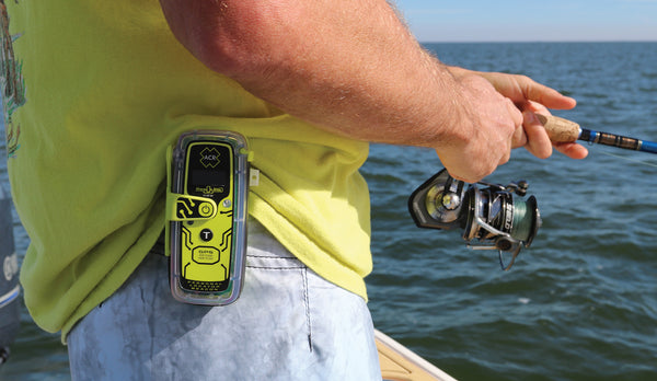 ACR ResQLink 400 personal locator beacon clipped to user while fishing for marine emergency safety
