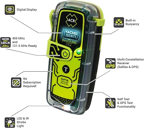 ACR ResQLink View personal locator beacon showing features like 406 MHz signal, GPS, and no subscription required