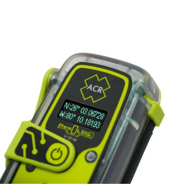 Close-up of ACR ResQLink View showing GPS coordinates on digital display for emergency location tracking