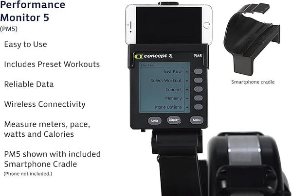 Concept2 PM5 performance monitor displaying workout data including pace watts and calories
