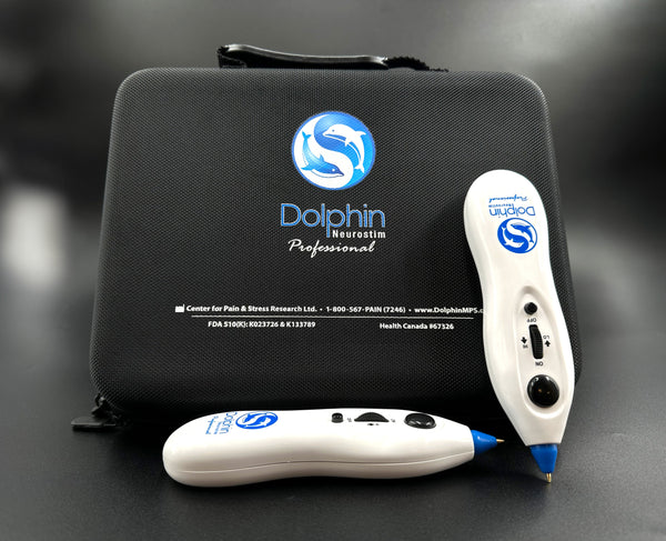 close up of Dolphin Neurostim handheld device for pain relief and therapy