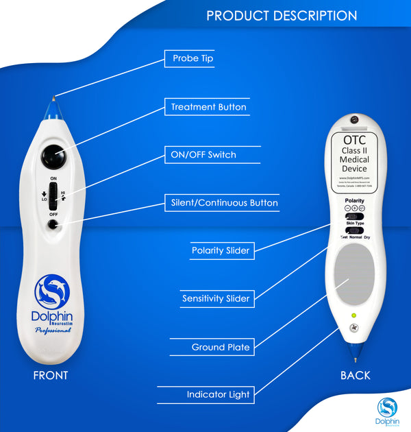 Dolphin Neurostim device diagram showing buttons probe tip and controls