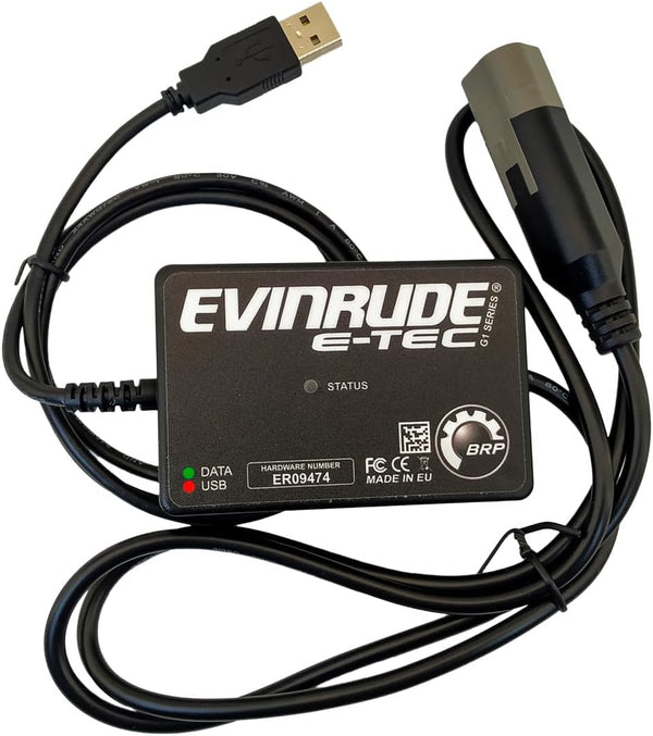 EvDiag Evinrude engine diagnostic kit connected to outboard motor