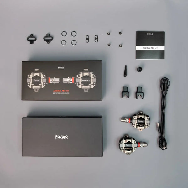 Favero Assioma PRO MX-1 kit contents including pedals charger washers cleats and accessories