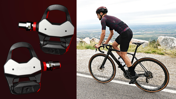Cyclist using Favero Assioma PRO RL-1 power meter pedals during outdoor road cycling performance
