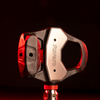 Favero Assioma PRO RL-1 power meter pedal side detail with red lighting highlighting build quality
