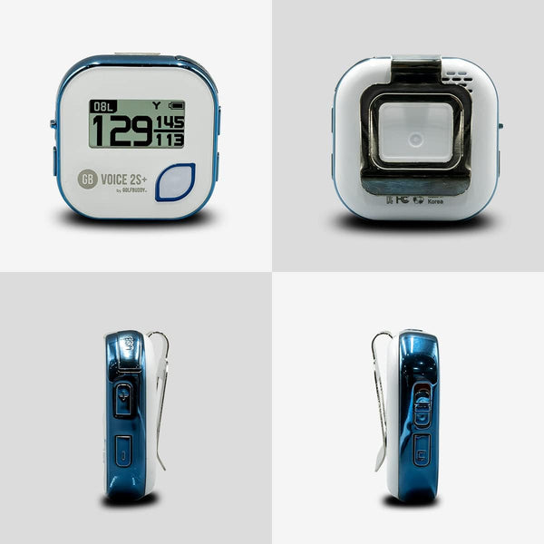 GolfBuddy Voice 2S+ Talking GPS Rangefinder clipped on a hat, showing screen and audio control