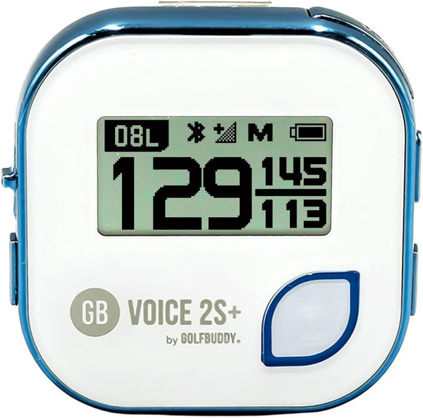 GolfBuddy Voice 2S+ Talking GPS Rangefinder clipped on a hat, showing screen and audio control