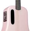 A pink guitar with a touch screen, the LAVA ME 3 38" Carbon Fiber Smart Acoustic Guitar with built-in effects and HILAVA OS.
