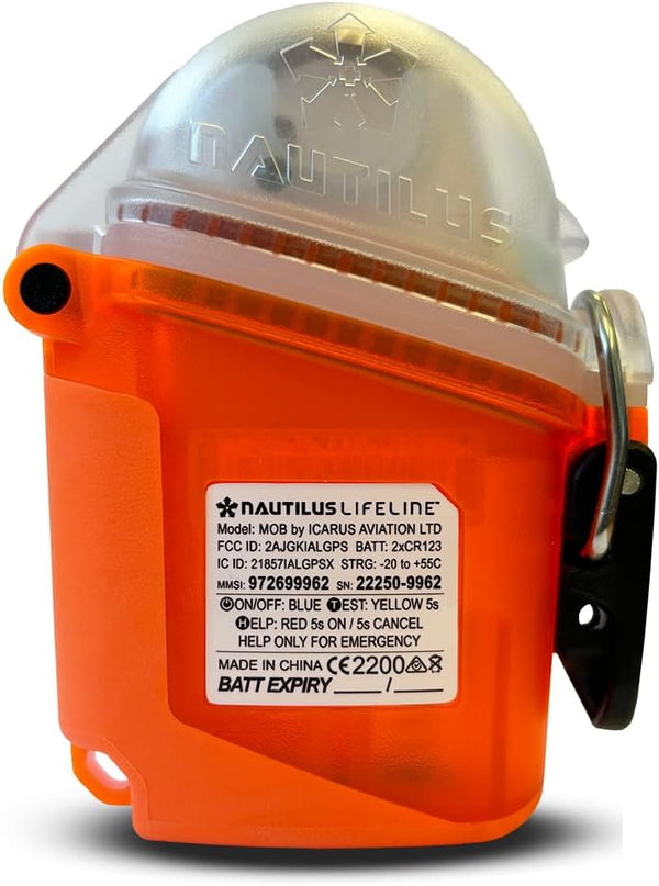 Rear view of Marine Rescue GPS nexGen beacon showing technical specifications and emergency instructions