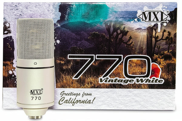 MXL 770 microphone specifications showing frequency response, polar pattern, and included accessories