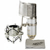 Angled view of MXL V67G condenser microphone with shock mount showing studio recording setup