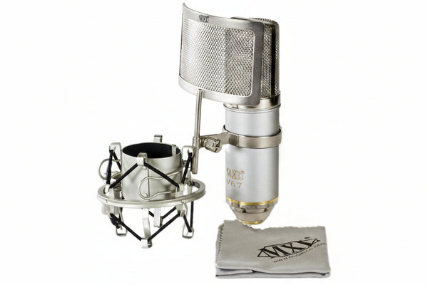 Angled view of MXL V67G condenser microphone with shock mount showing studio recording setup