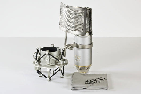 MXL V67G condenser microphone with shock mount and pop filter setup for professional vocal recording