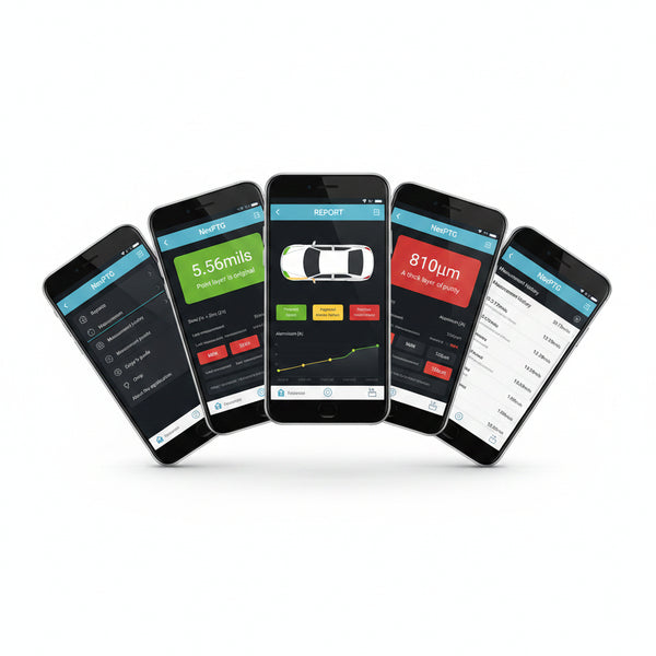 NexPTG mobile app interface showing paint thickness analysis, reports, and measurement history